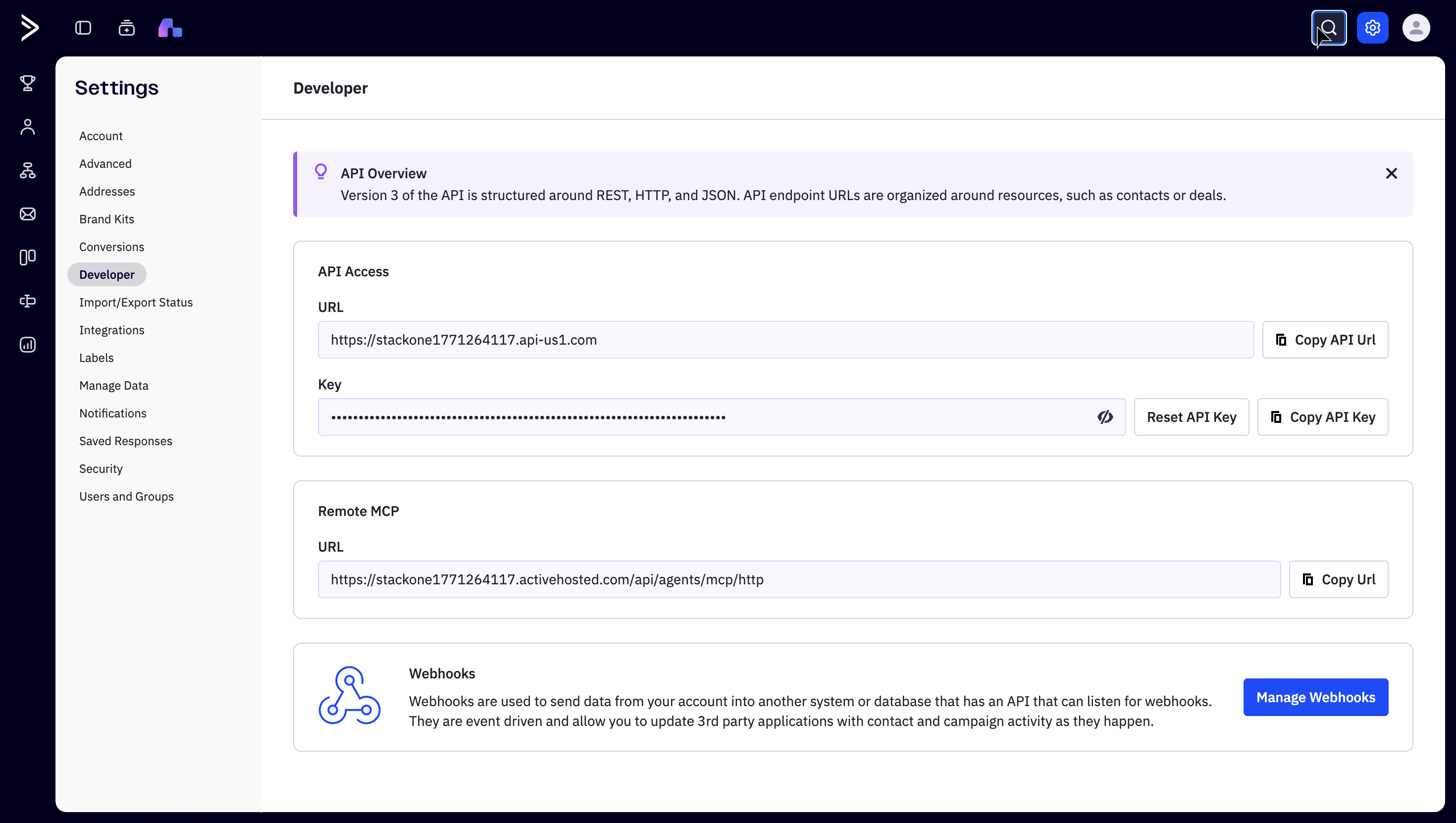 ActiveCampaign Developer settings showing the API Access URL and Key fields