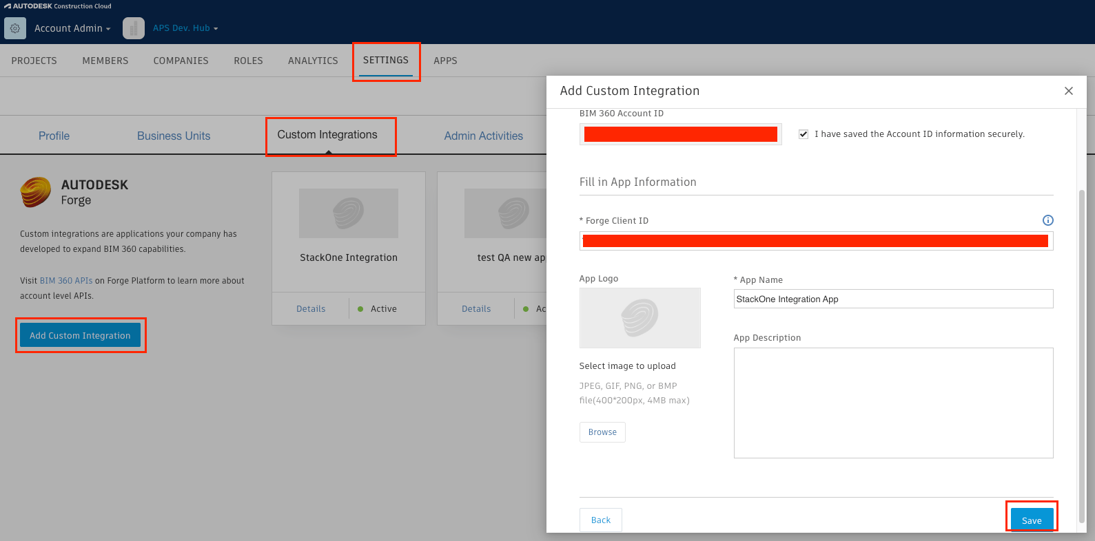 The Add Custom Integration dialog showing Step 1 — Select Access with BIM 360 Account Administration checked.