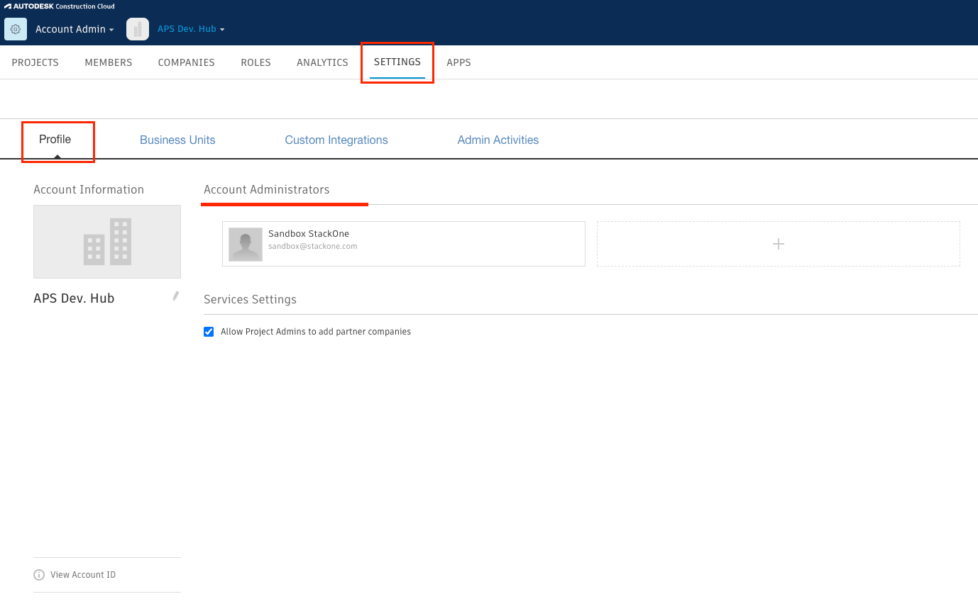The BIM 360 Account Admin Settings page showing the Profile tab with Account Information, APS Dev. Hub link, and View Account ID.