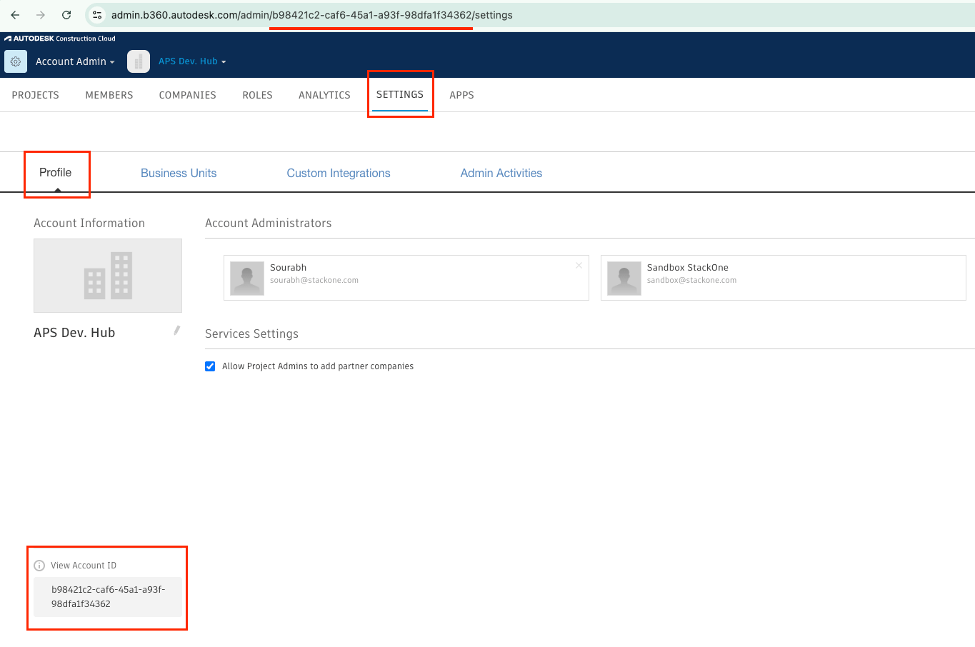 The BIM 360 Account Admin Settings Profile page with the Account ID revealed after clicking View Account ID.