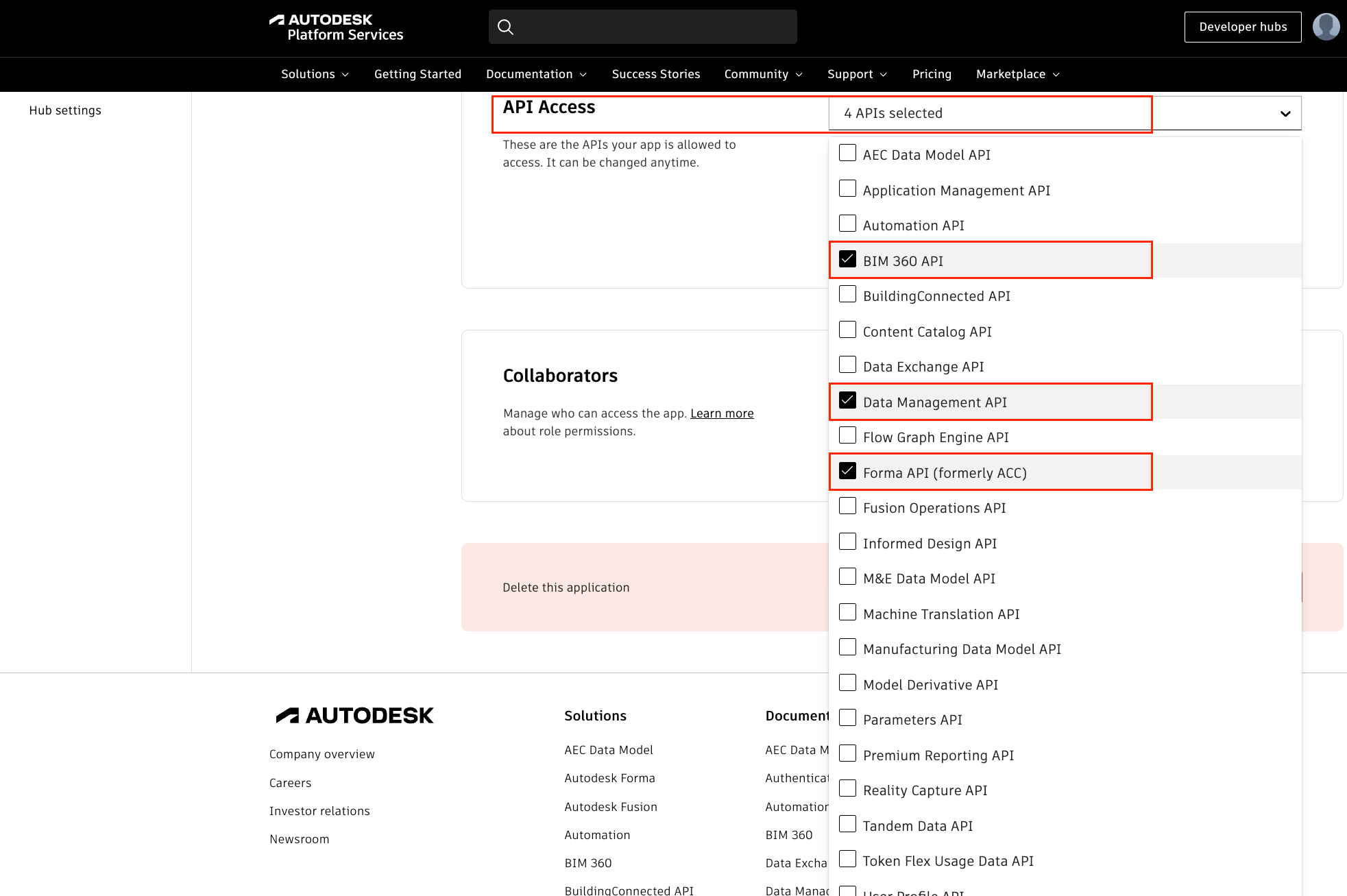 The API Access dropdown showing the required APIs — Data Management API, Forma API (formerly ACC), BIM 360 API, and Webhooks API.