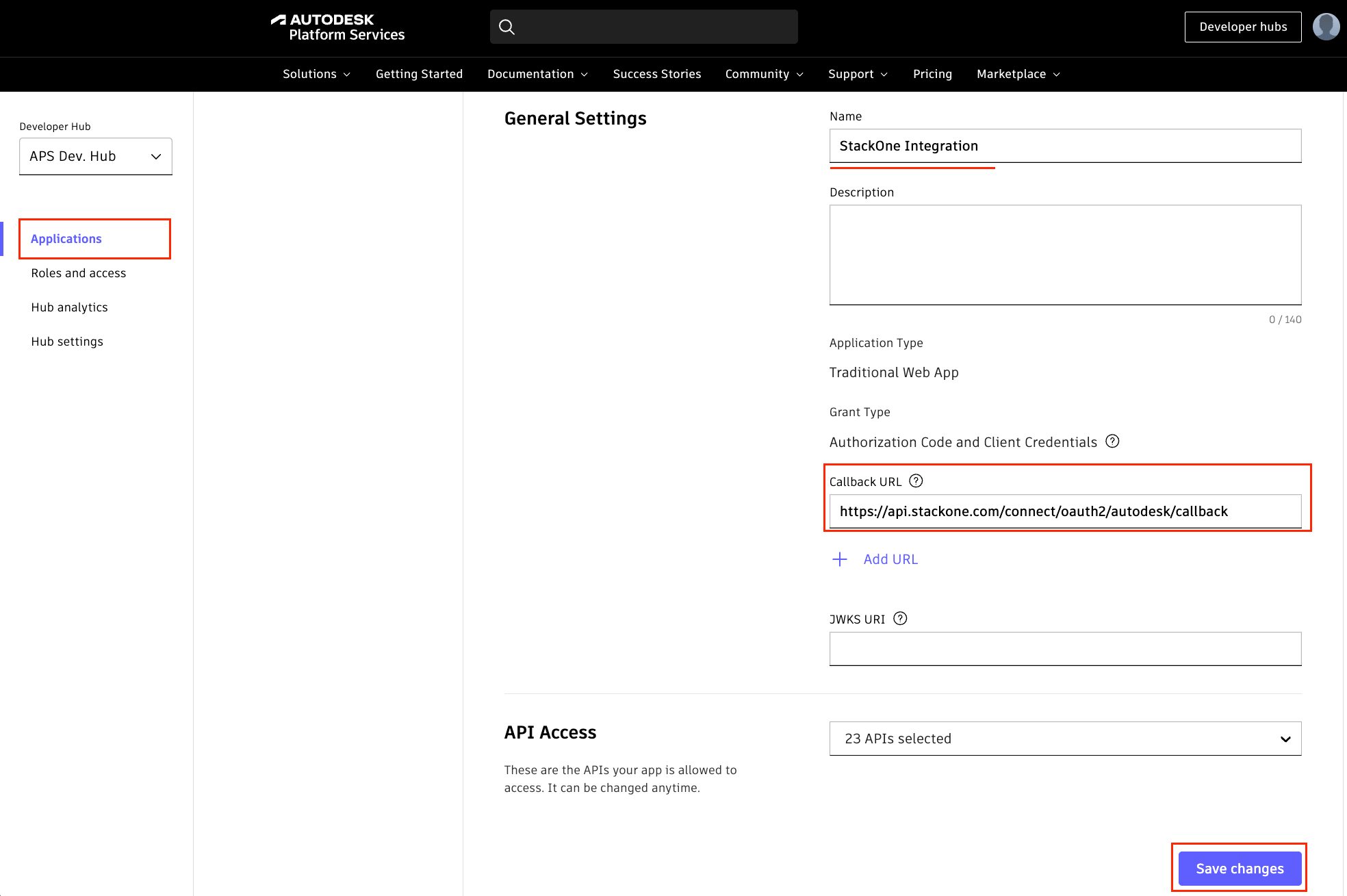 The app settings General Settings section showing the Callback URL field.