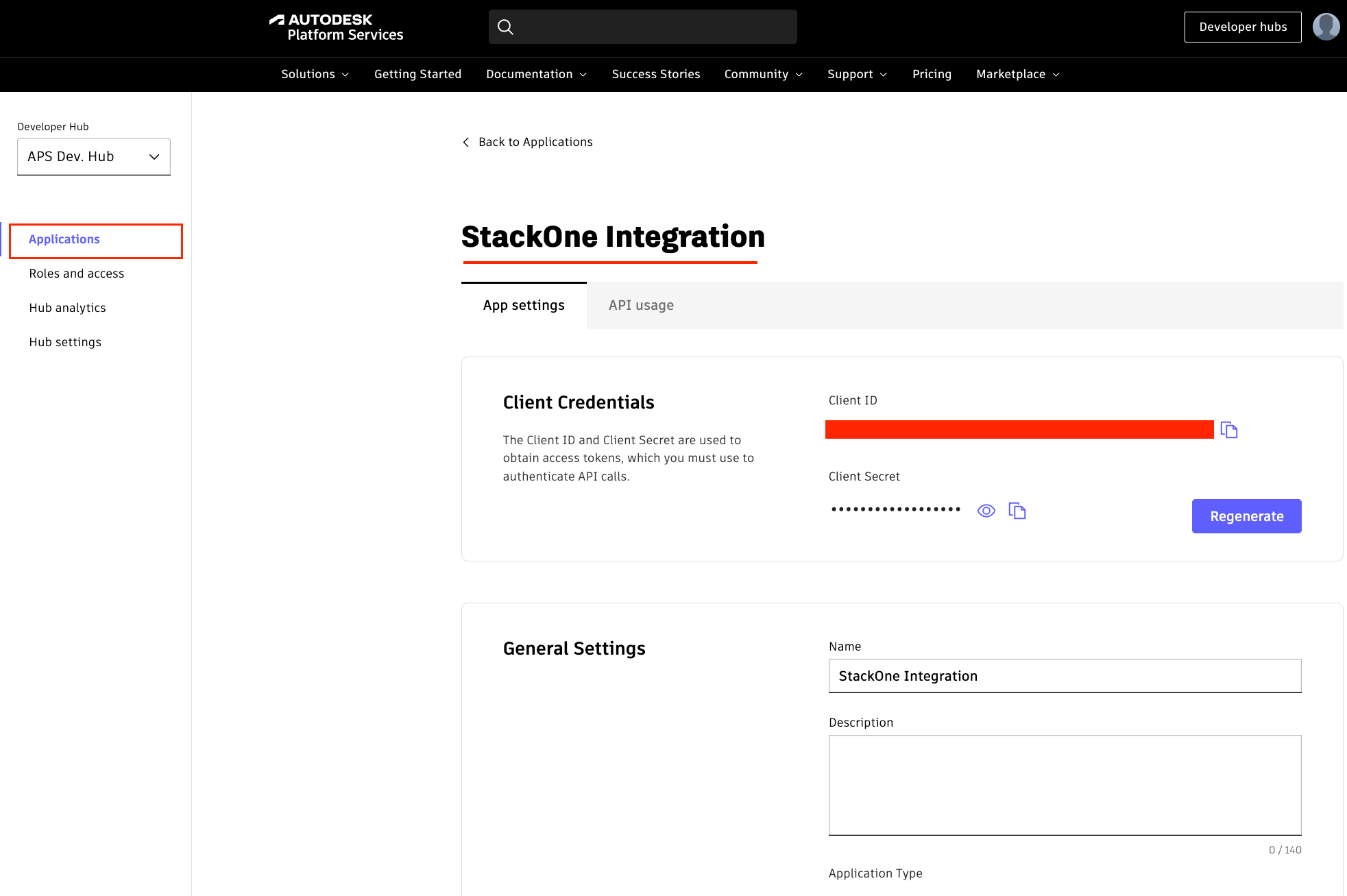 The Client Credentials section showing the Client ID and Client Secret fields with a Regenerate button.
