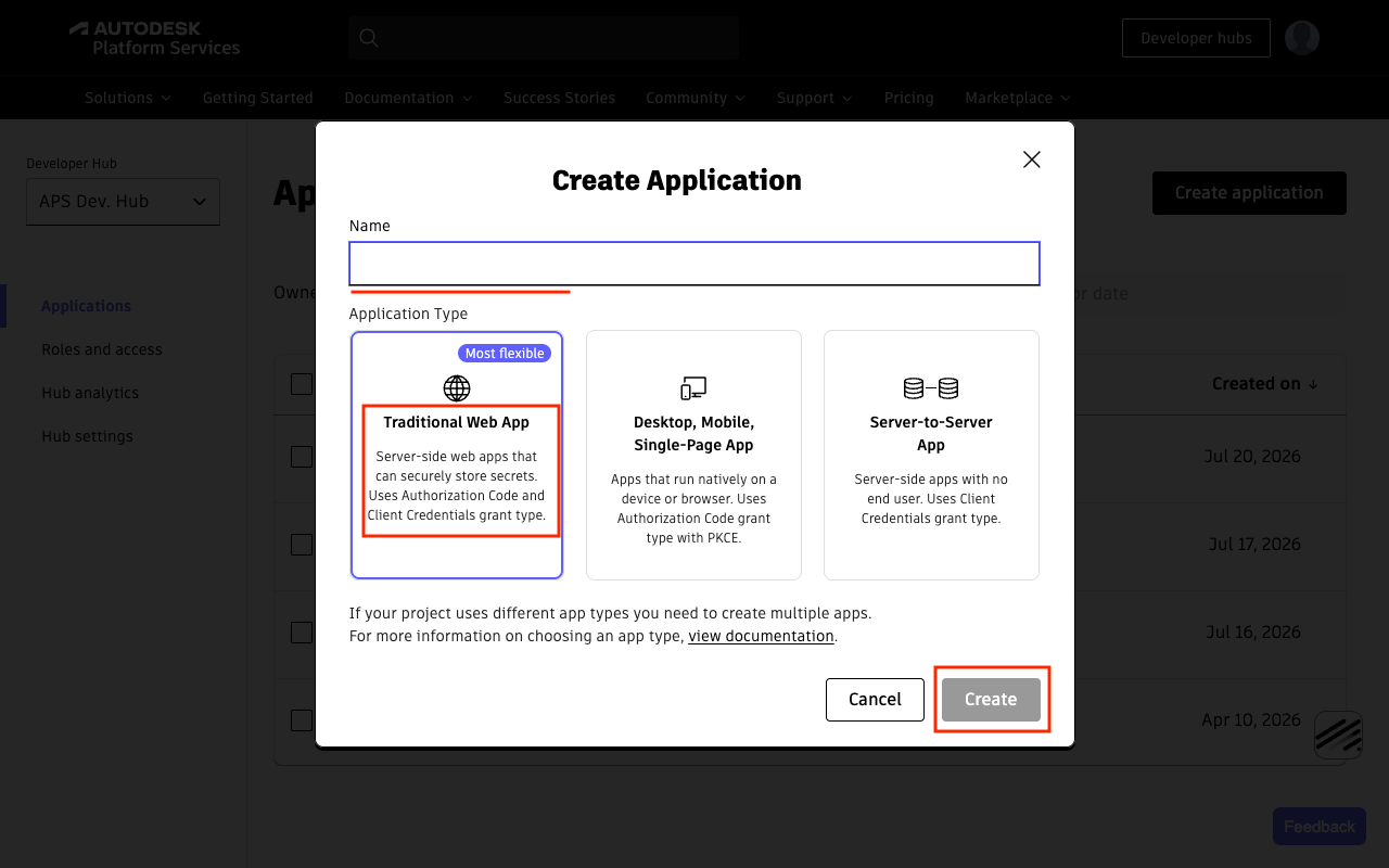 The Create Application dialog showing the Name field and Application Type options — Traditional Web App, Desktop/Mobile/Single-Page App, and Server-to-Server App.