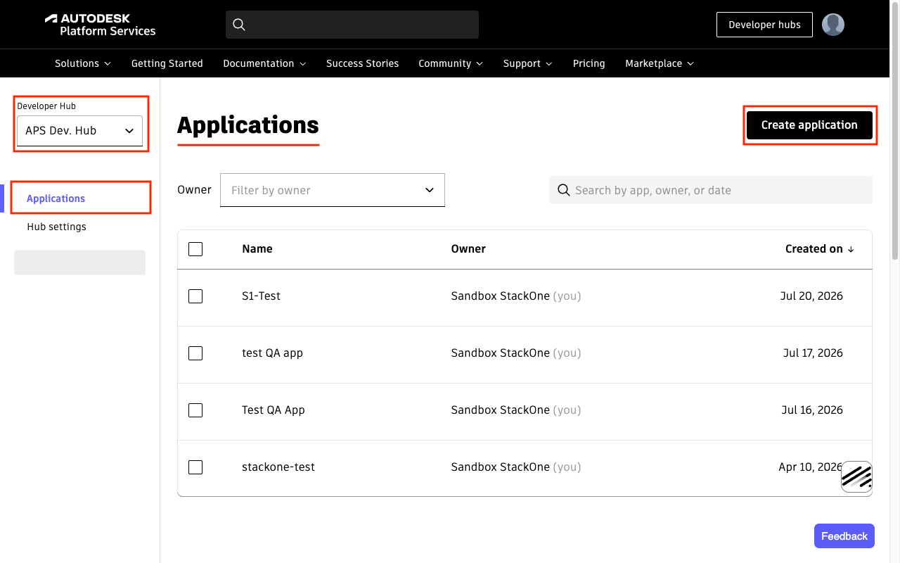 The APS Developer Hubs page showing the Applications list with the Create application button in the top right.