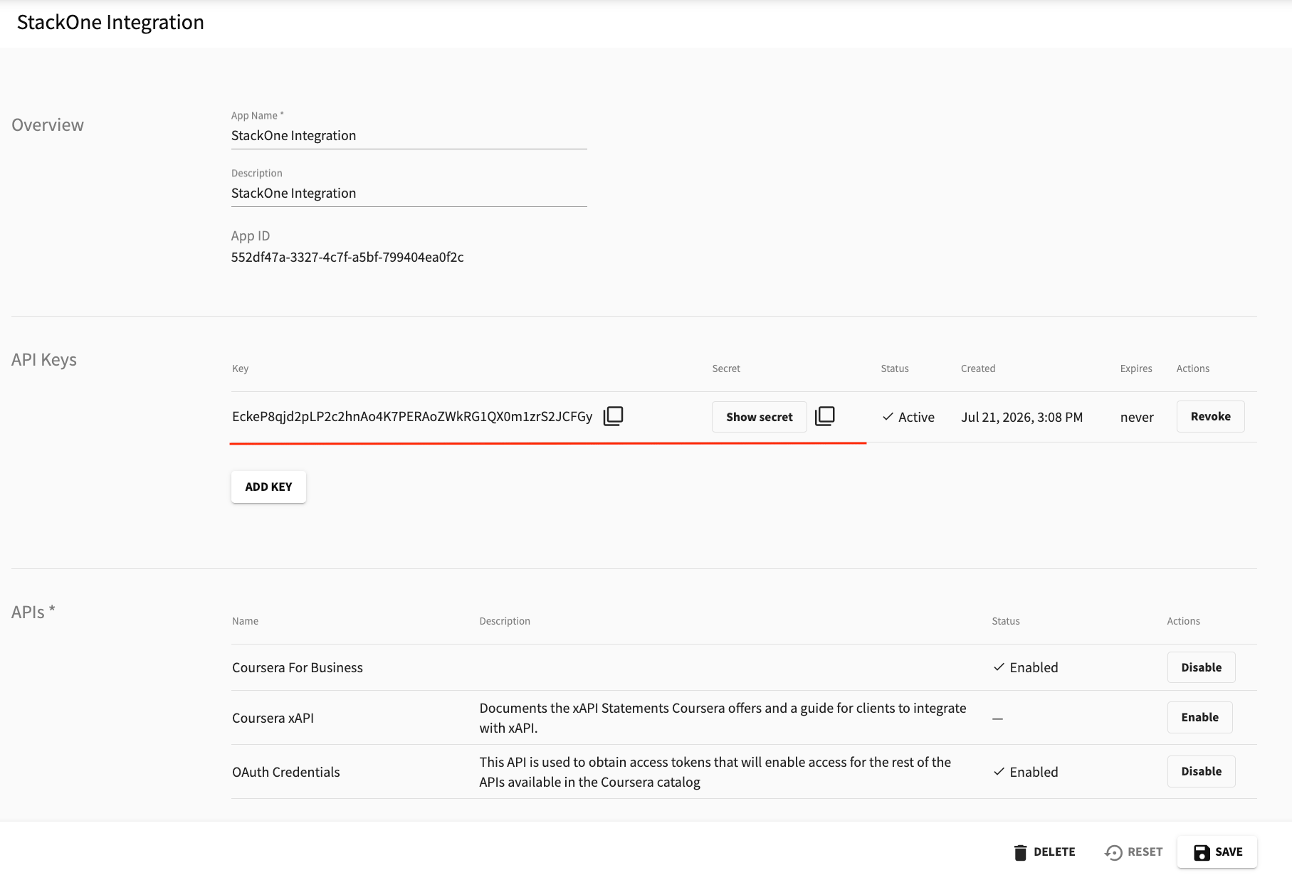 Copying API Credentials in Coursera Developer Portal