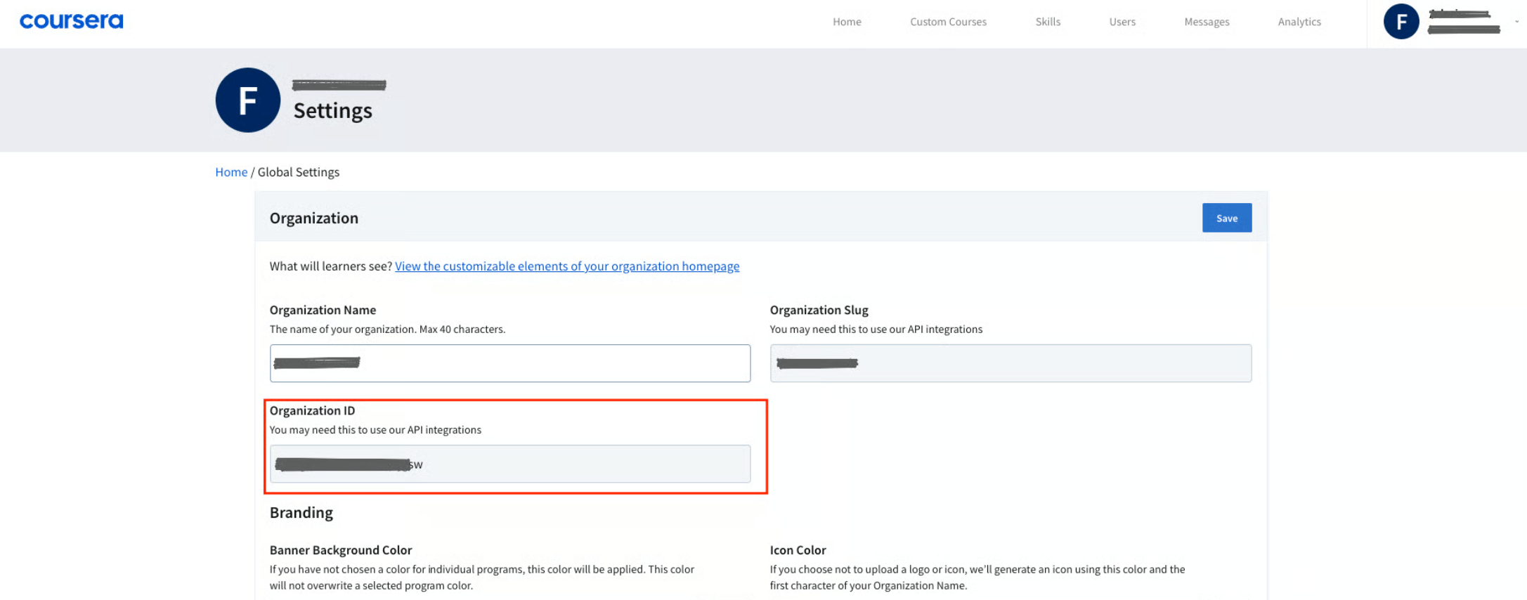 Finding Organization ID in Coursera Admin Settings