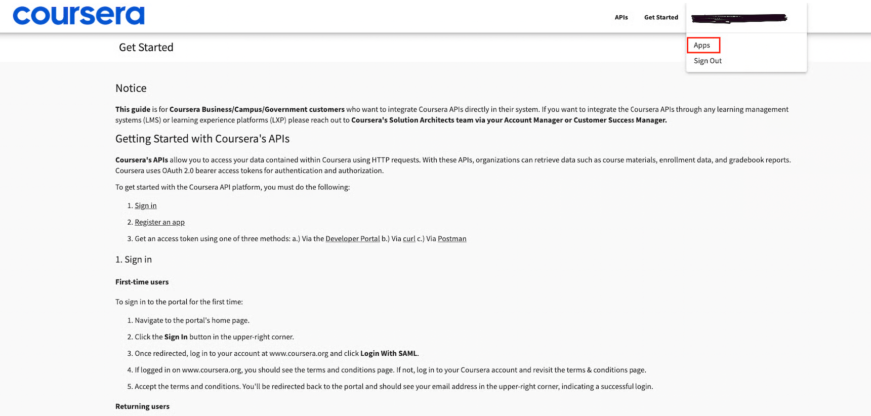 Coursera Developer Portal Apps Section