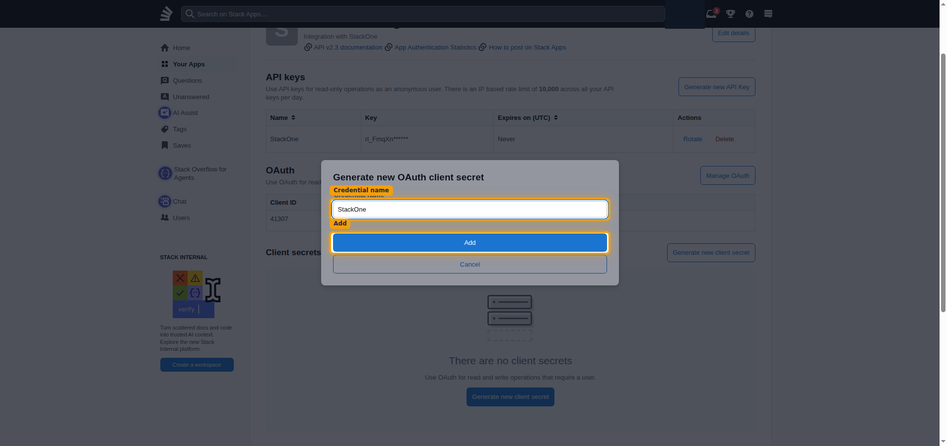 The Generate new OAuth client secret dialog with the Credential name field and Add button highlighted