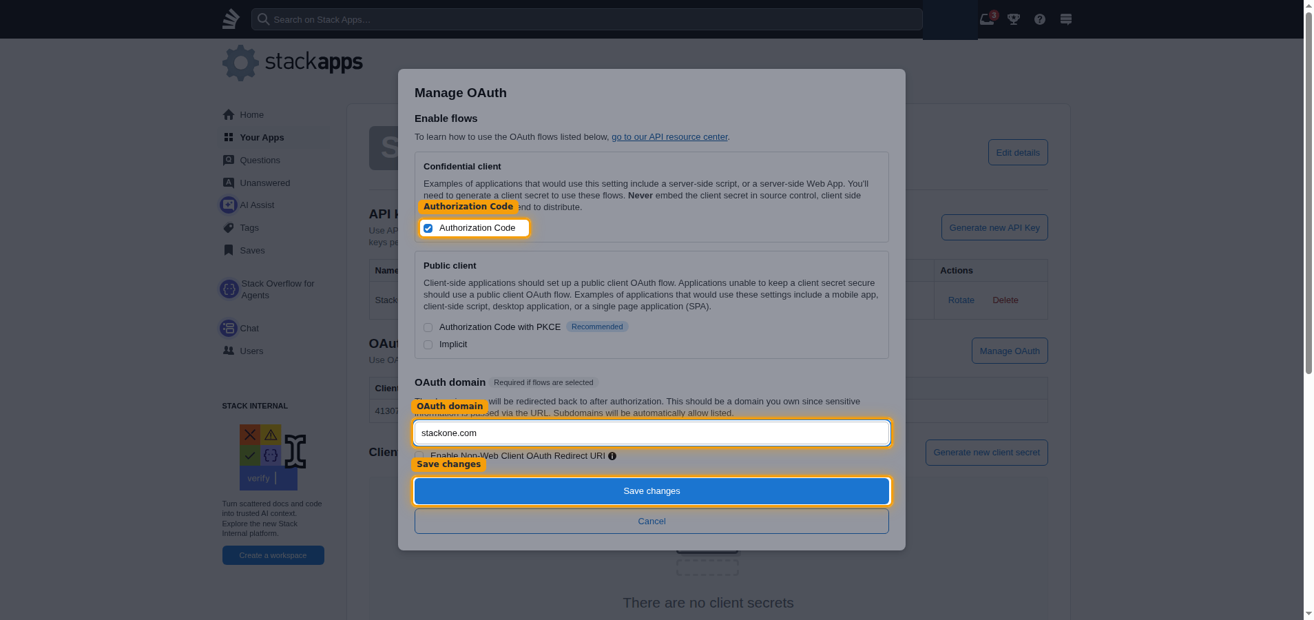 The Manage OAuth dialog with the Authorization Code checkbox, OAuth domain field, and Save changes button highlighted