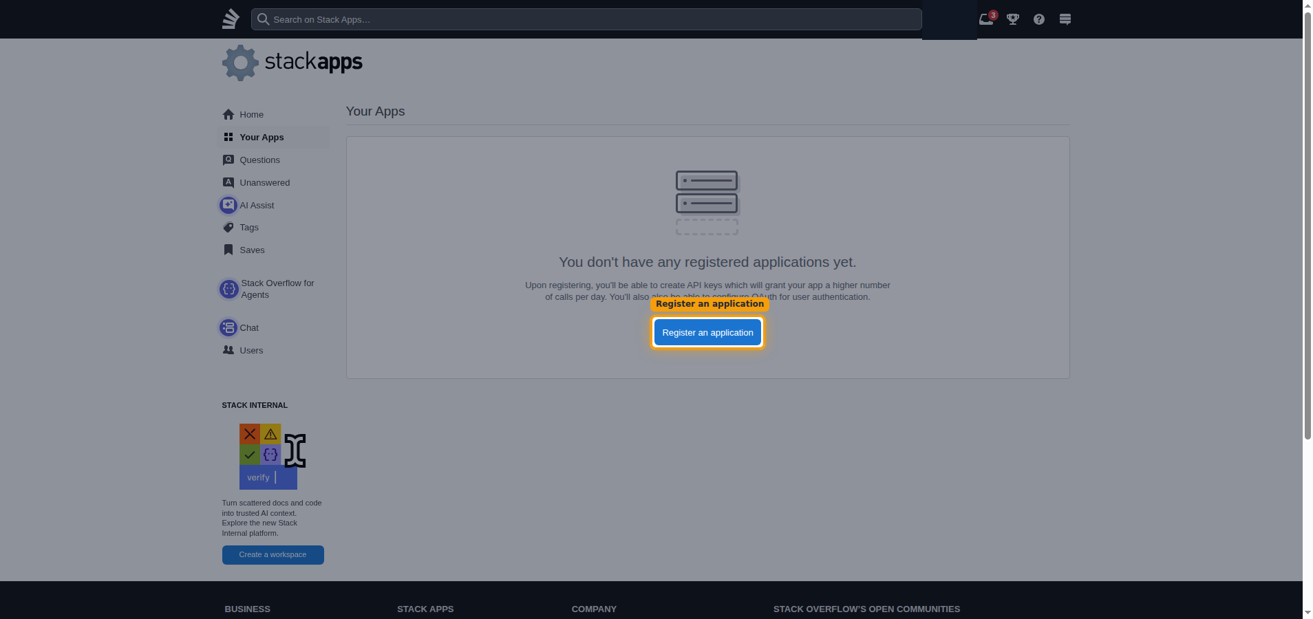 The Your Apps page with the Register an application button highlighted