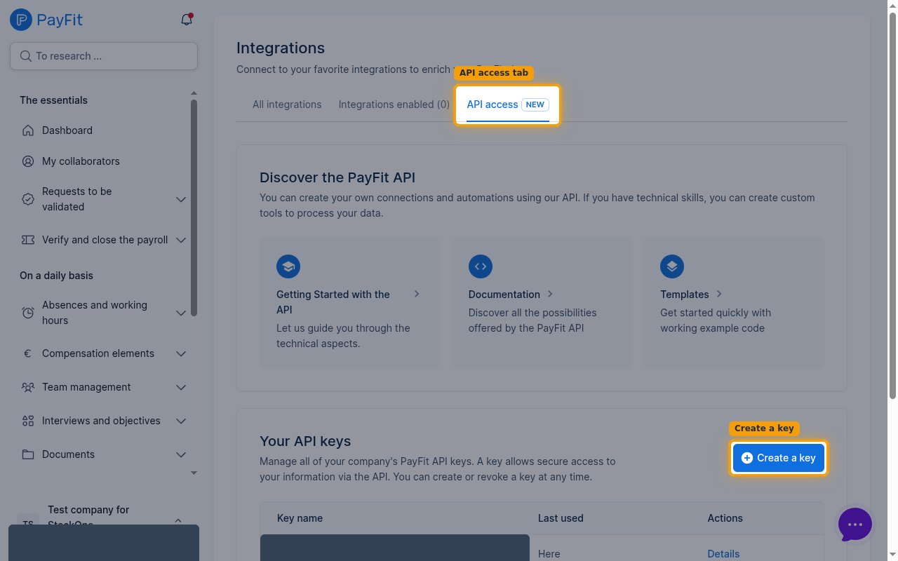PayFit Integrations page with the API access tab and the Create a key button