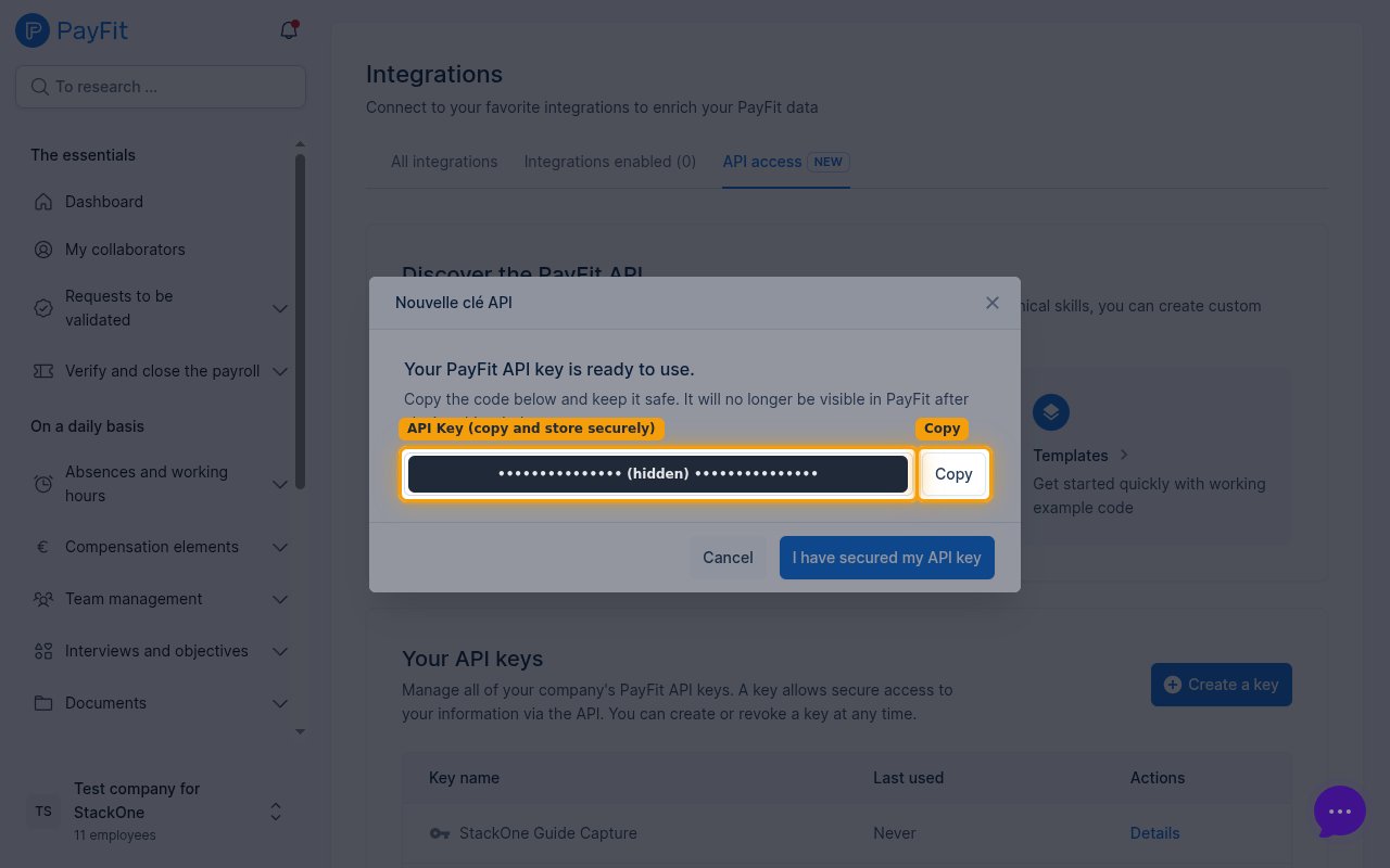 New API key dialog with the generated key value and the Copy button