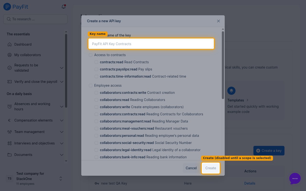 Create a new API key dialog showing the name field, scope checkboxes and the disabled Create button