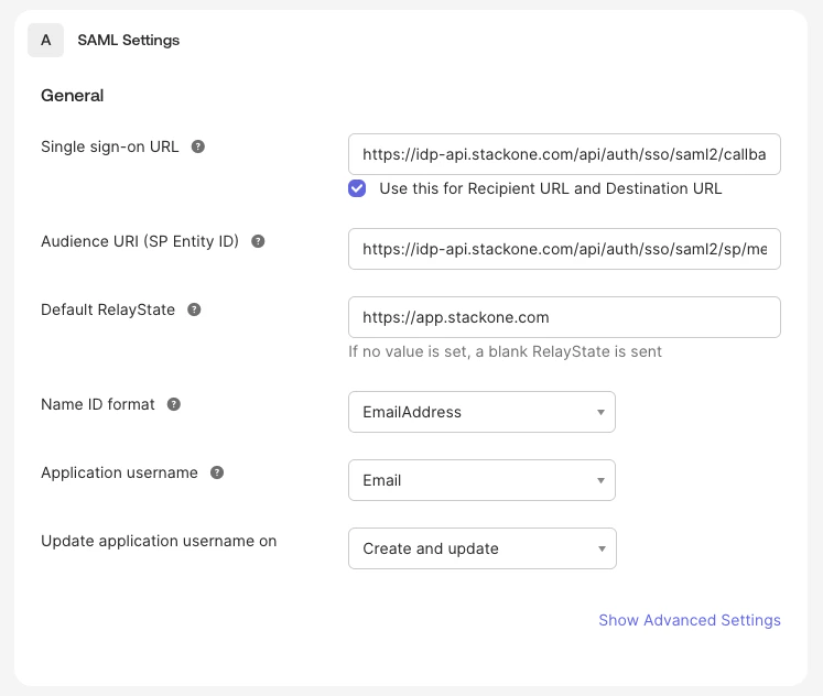 Okta SAML settings configured with StackOne ACS URL and Entity ID
