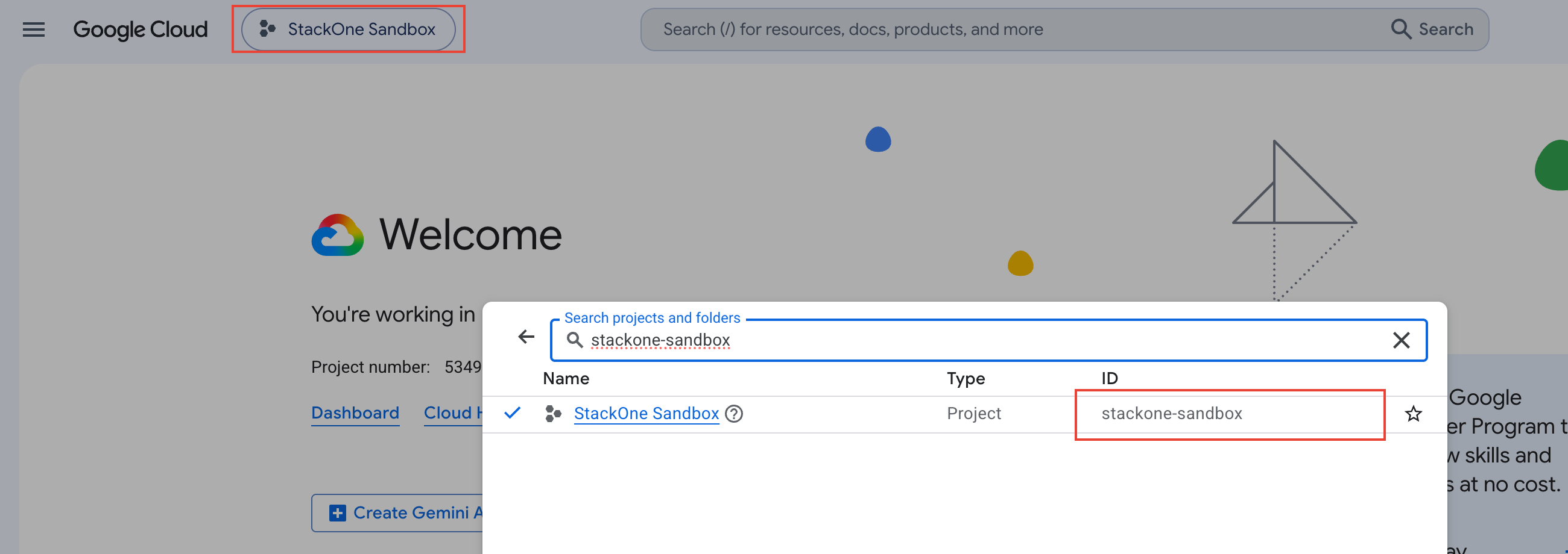 Google Cloud Console with the project picker highlighted in the top navigation bar and the ID column of the selected project highlighted in the Select a resource dialog.