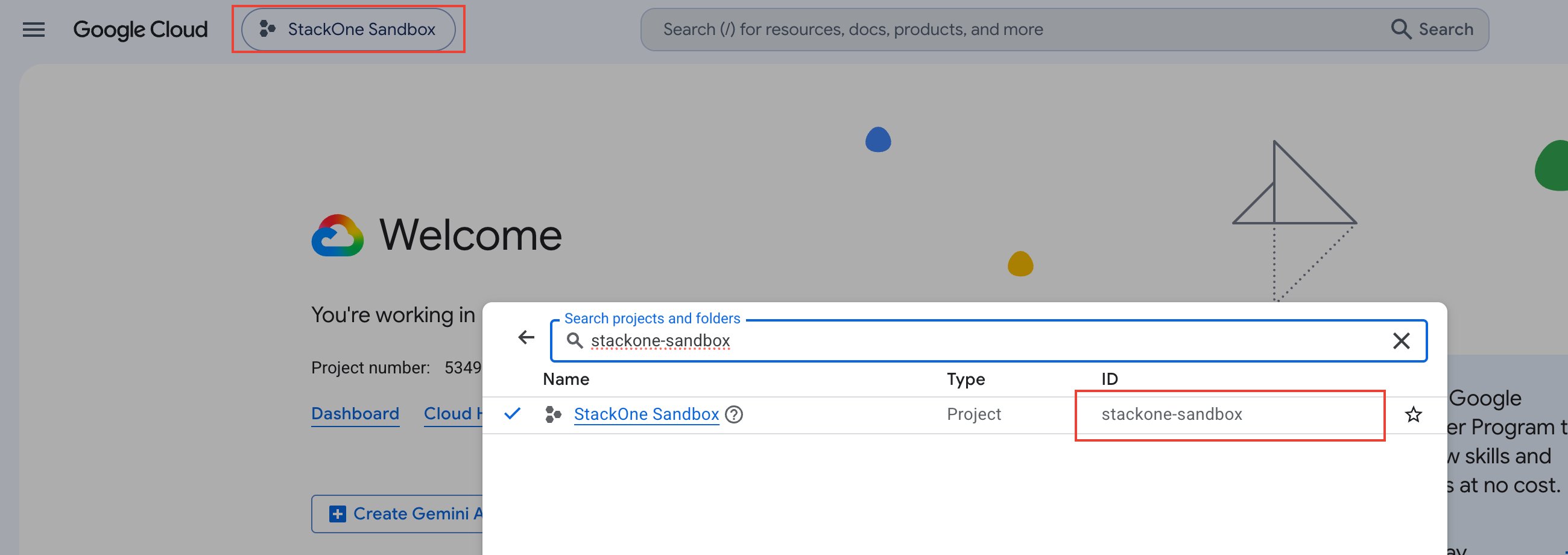 Google Cloud Console with the project picker highlighted in the top navigation bar and the ID column of the selected project highlighted in the Select a resource dialog.