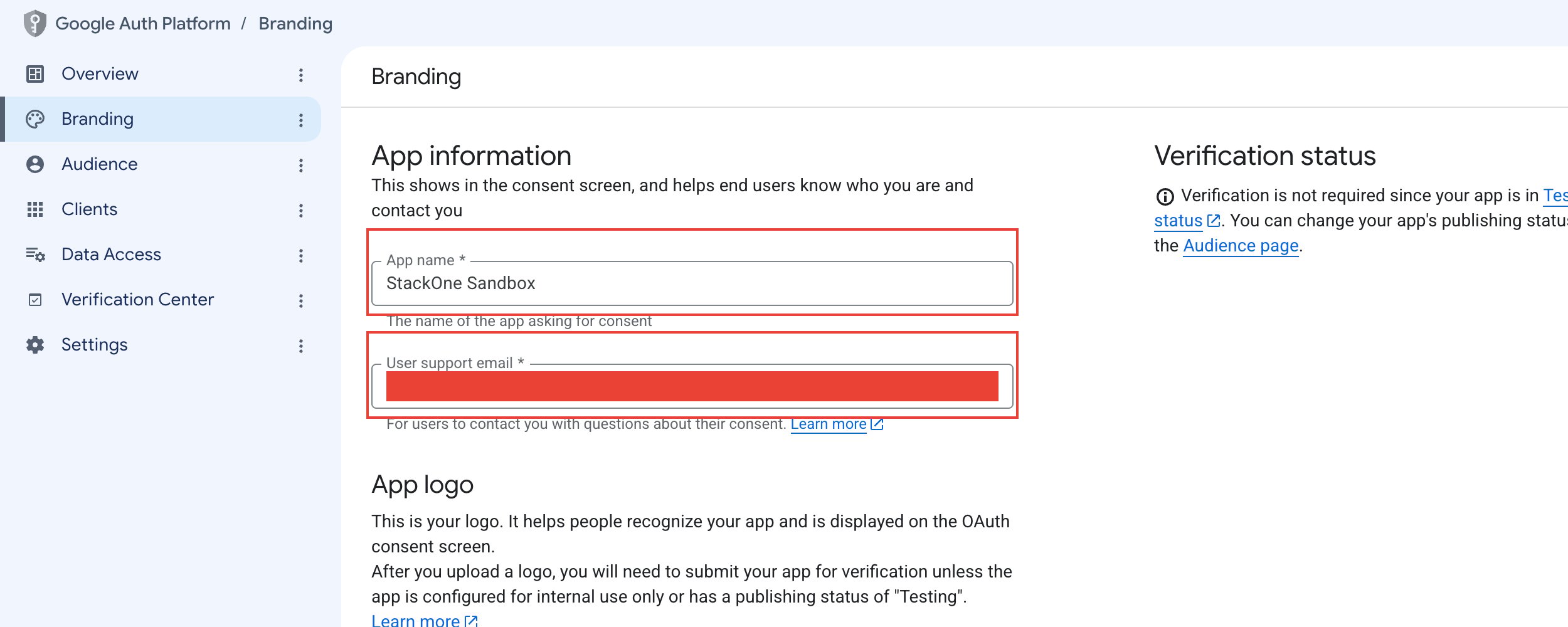 Branding page of the Google Auth Platform with the App information section, highlighting the App name and User support email fields (email redacted).