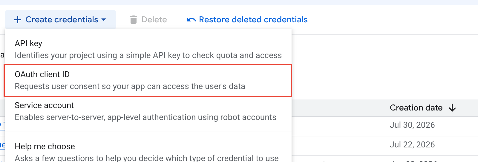 Create credentials menu open on the Credentials page with the OAuth client ID option highlighted.