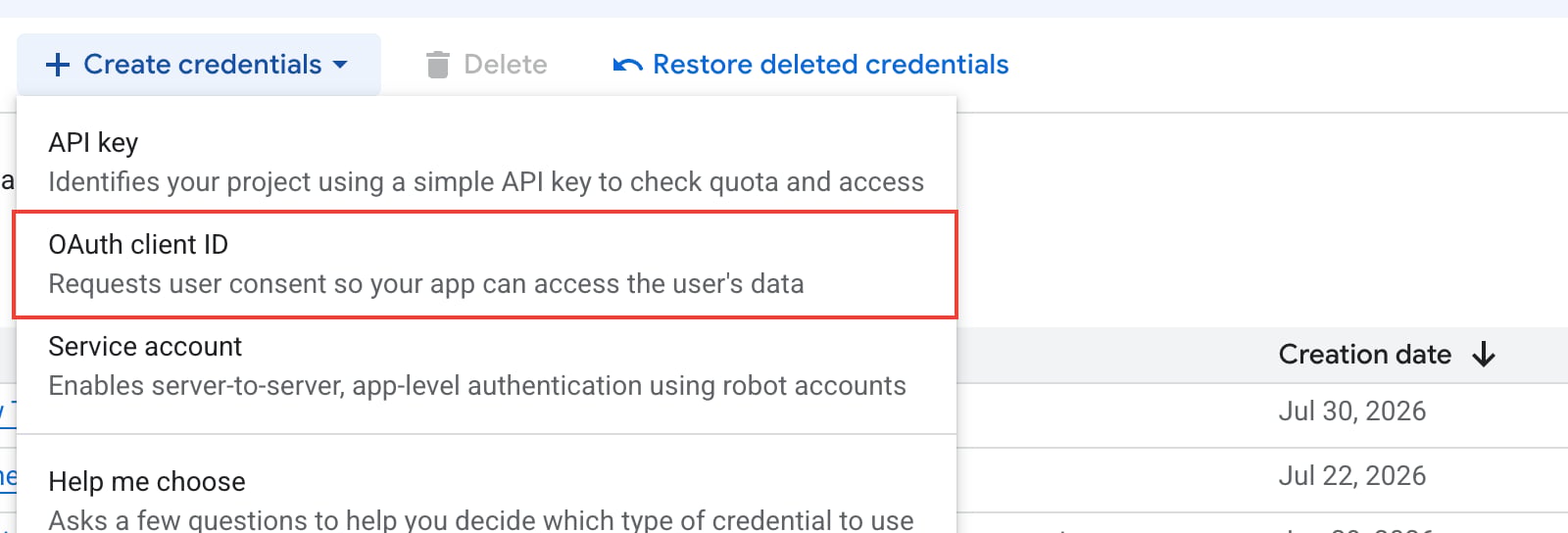 Create credentials menu open on the Credentials page with the OAuth client ID option highlighted.