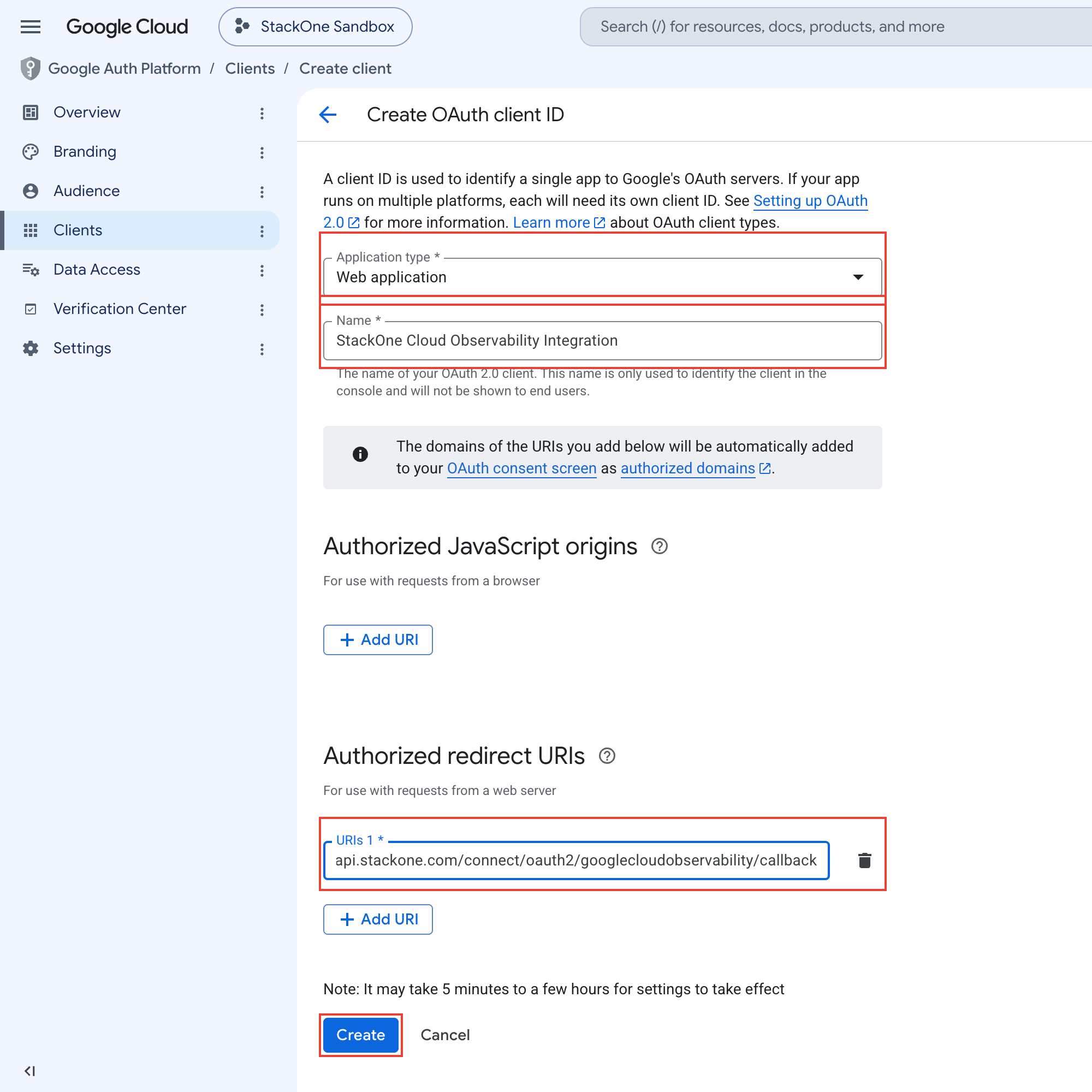 Create OAuth client ID form with Application type set to Web application, a Name filled in, the StackOne callback URL under Authorized redirect URIs, and the Create button highlighted.