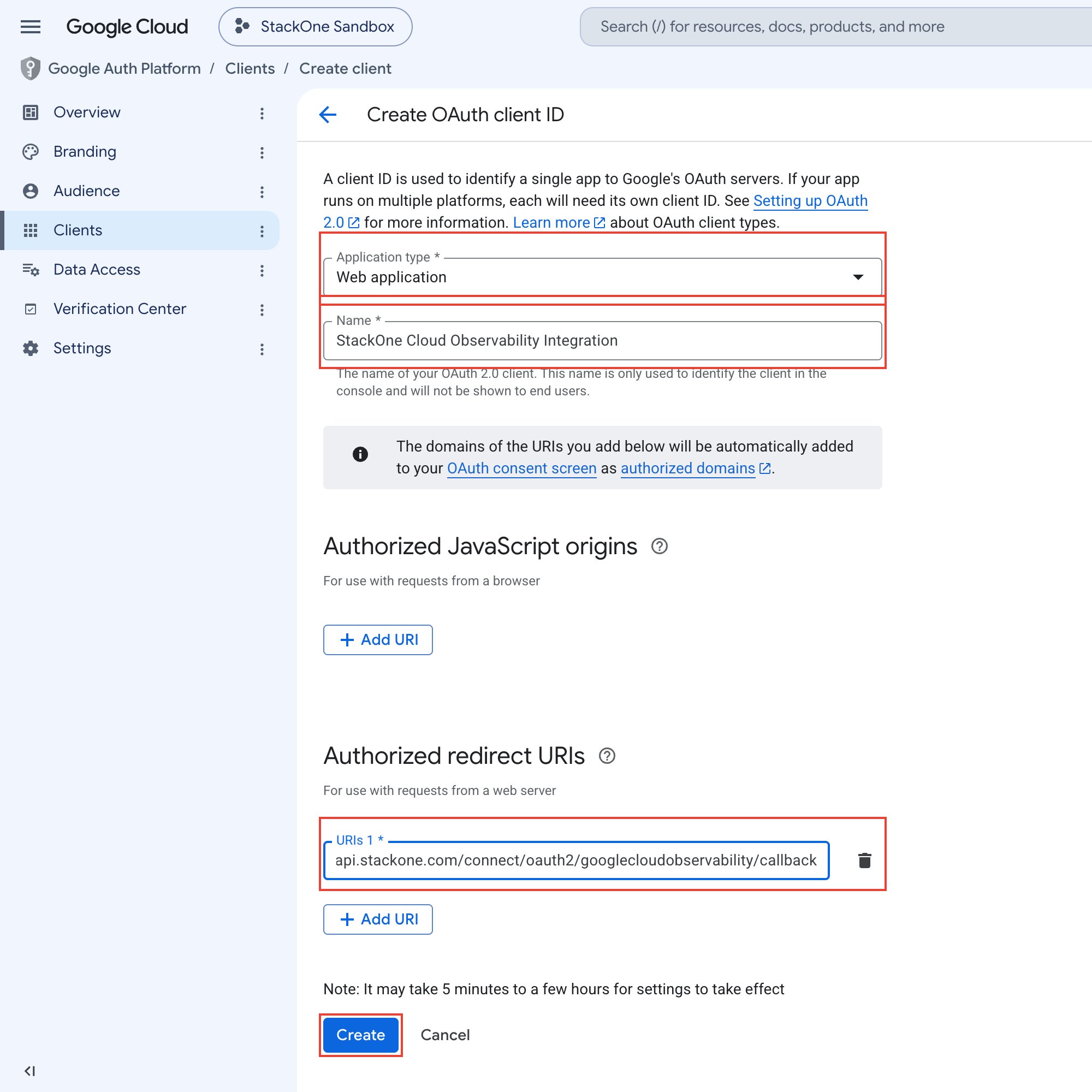 Create OAuth client ID form with Application type set to Web application, a Name filled in, the StackOne callback URL under Authorized redirect URIs, and the Create button highlighted.