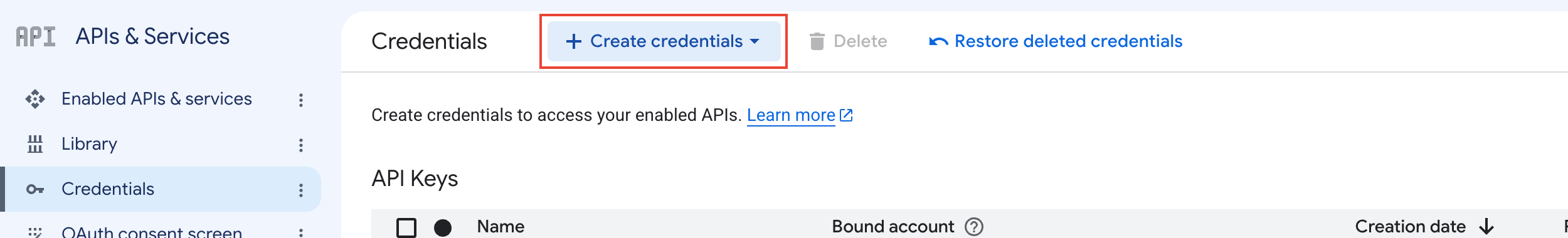 Credentials page under APIs & Services with the + Create credentials button highlighted.