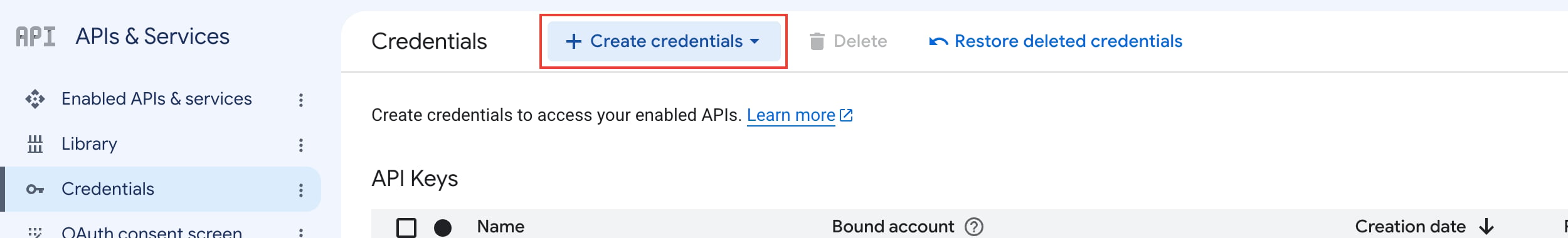 Credentials page under APIs & Services with the + Create credentials button highlighted.