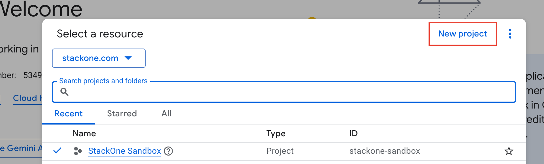 Select a resource dialog listing the projects in the organization, with the New project button highlighted.