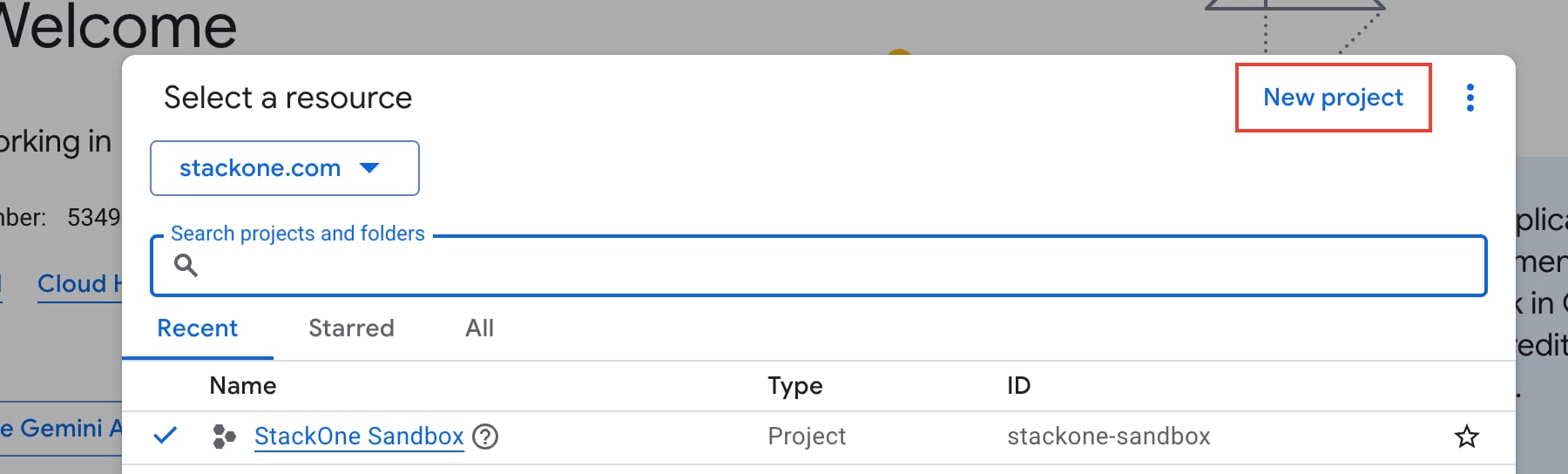 Select a resource dialog listing the projects in the organization, with the New project button highlighted.