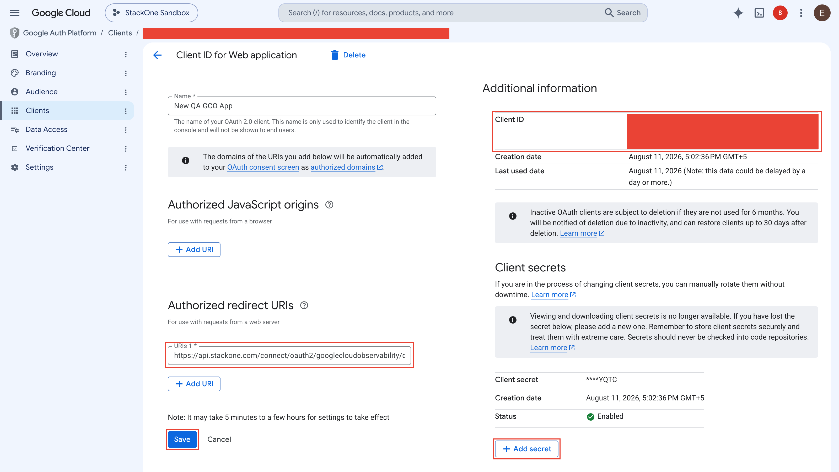 Existing OAuth client page highlighting the Authorized redirect URIs field, the Save button, the Client ID under Additional information (redacted) and the Add secret button under Client secrets.