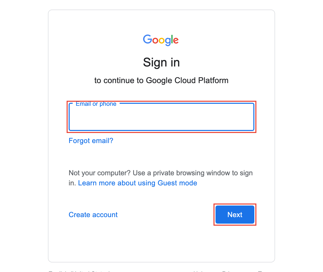 Google sign-in page for Google Cloud Platform with the Email or phone field and the Next button highlighted.