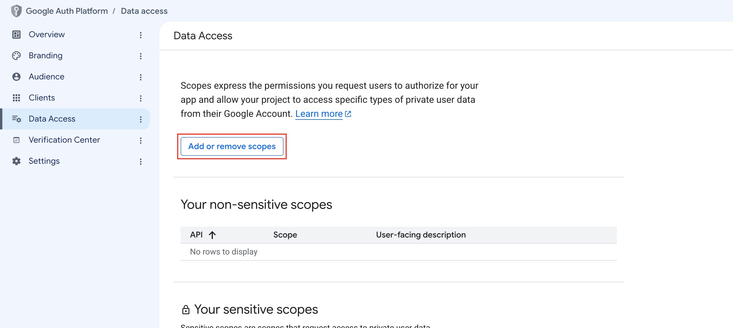 Data Access page of the Google Auth Platform with the Add or remove scopes button highlighted above the list of configured scopes.