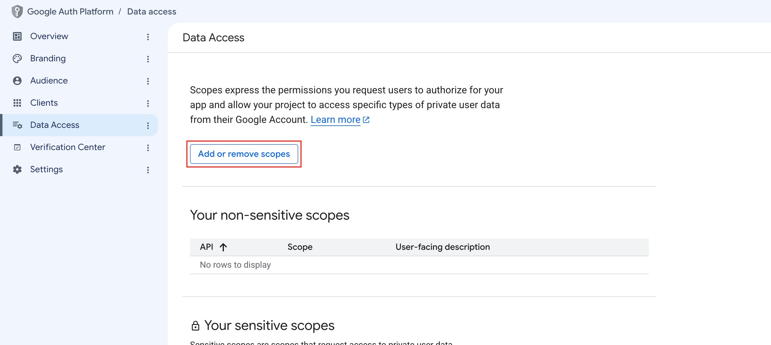 Data Access page of the Google Auth Platform with the Add or remove scopes button highlighted above the list of configured scopes.