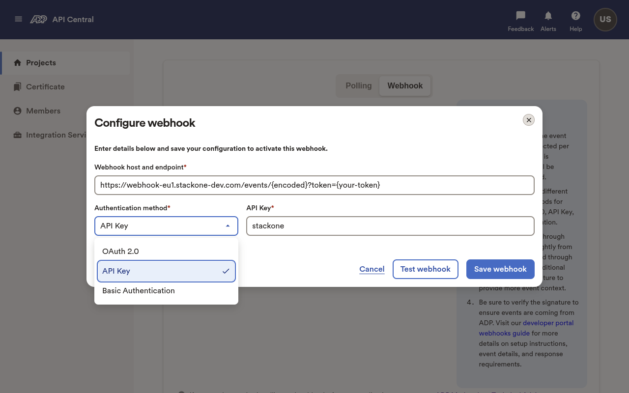 ADP Authentication method dropdown showing OAuth 2.0, API Key and Basic Authentication