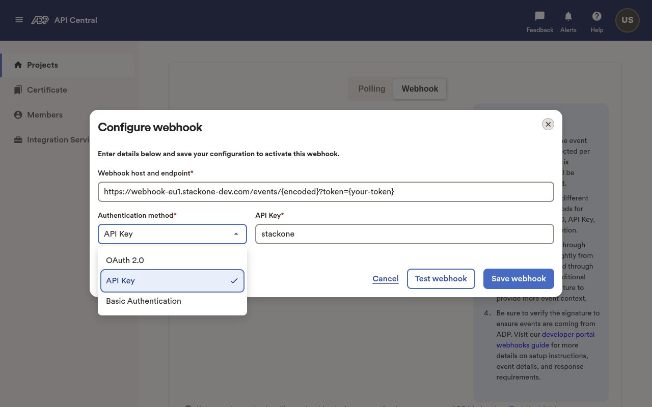 ADP Authentication method dropdown showing OAuth 2.0, API Key and Basic Authentication