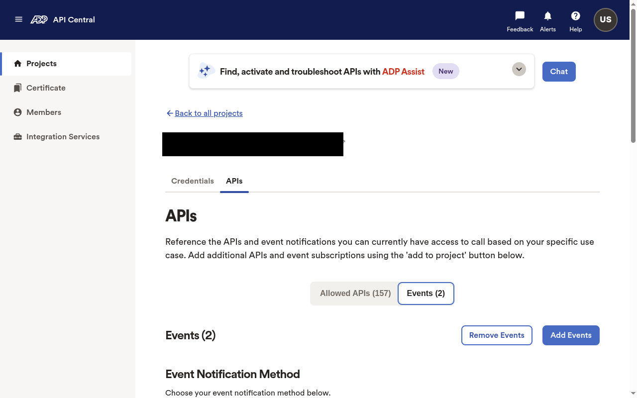 ADP API Central APIs page with the Events tab, Event Notification Method and Subscribed events list
