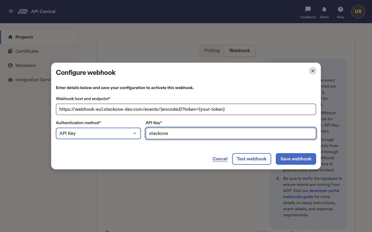 ADP Configure webhook dialog with Webhook host and endpoint, Authentication method API Key, and API Key fields