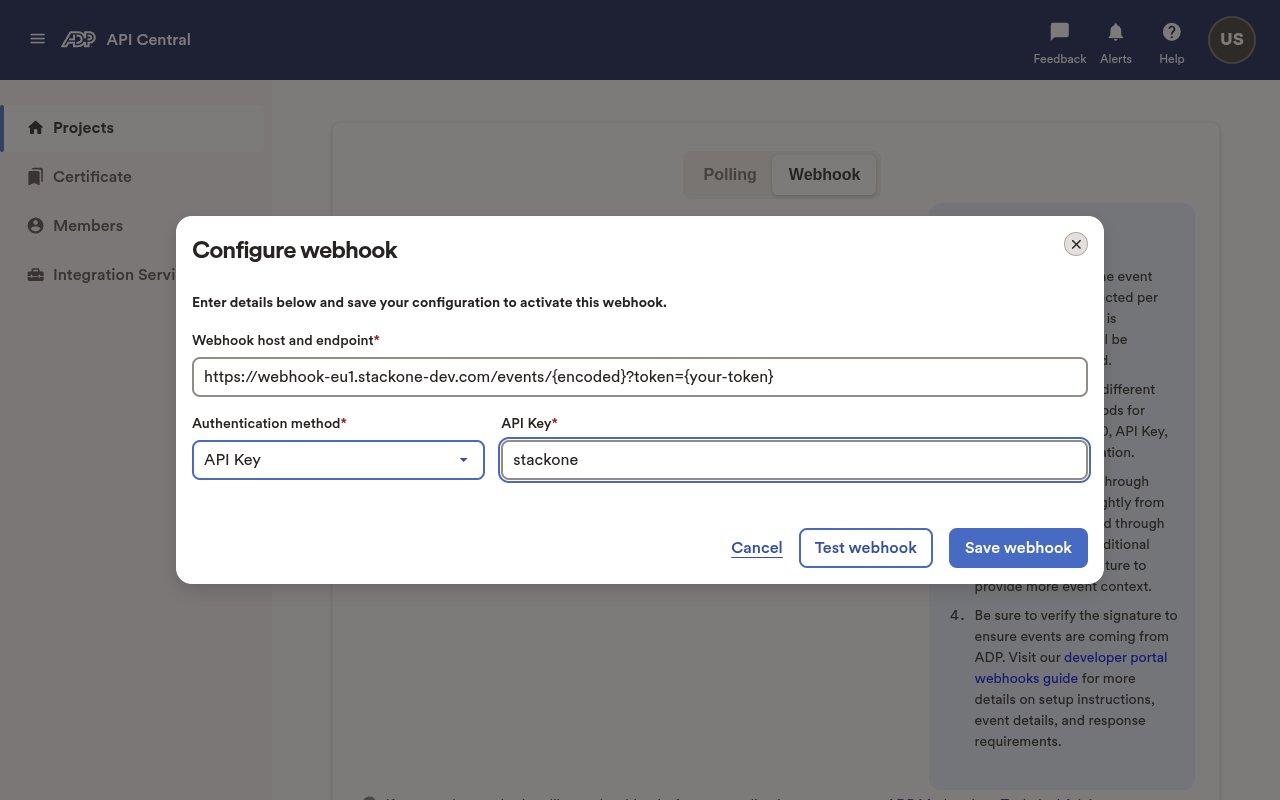 ADP Configure webhook dialog with Webhook host and endpoint, Authentication method API Key, and API Key fields