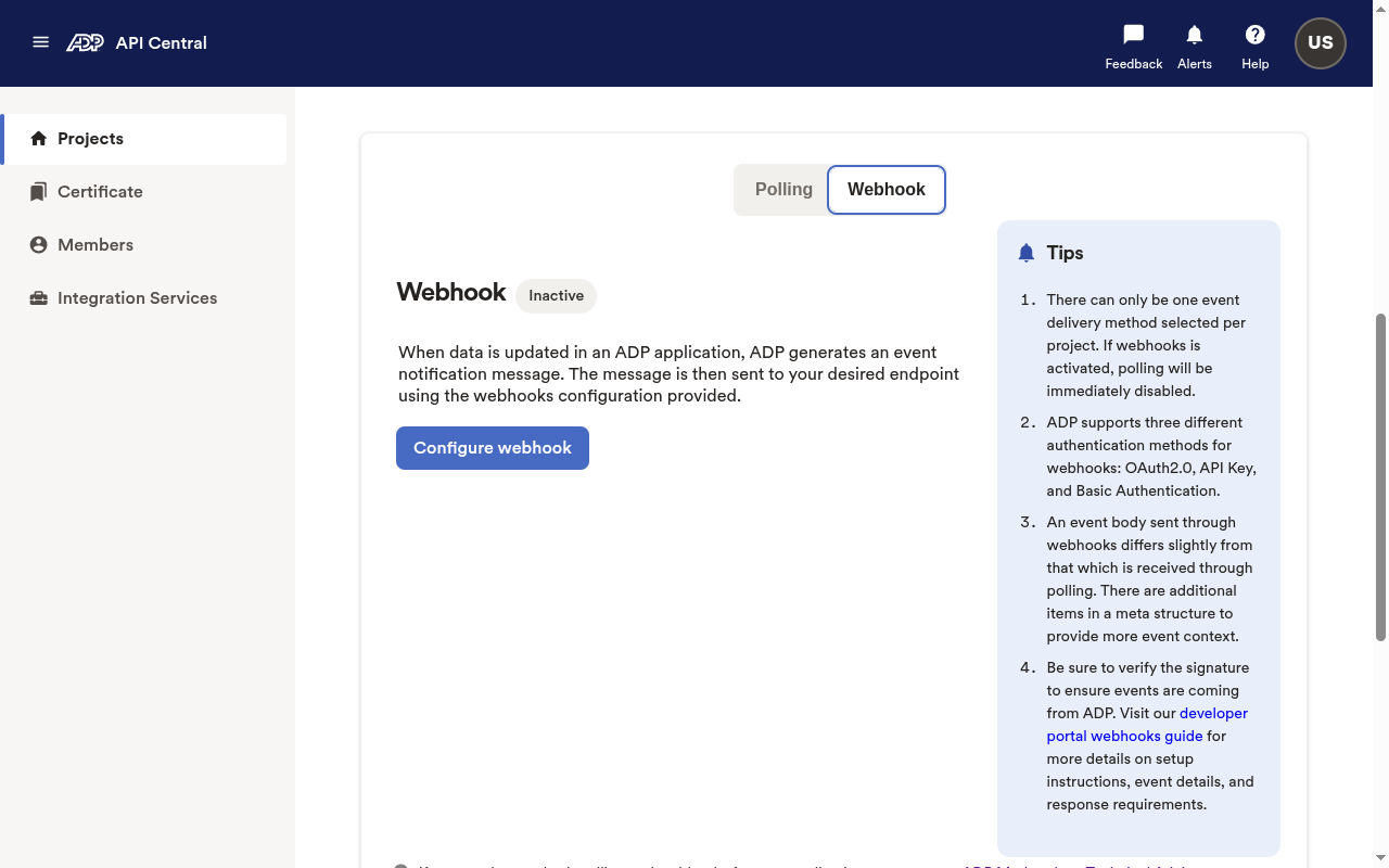 ADP API Central Event Notification Method with the Webhook tab selected and the Configure webhook button