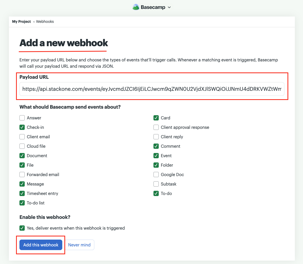 Basecamp Create Webhook Form