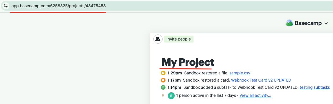 Basecamp Project URL showing Account ID and Project ID