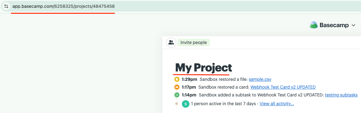Basecamp Project URL showing Account ID and Project ID