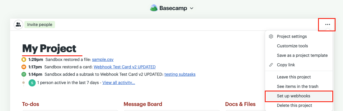 Basecamp Set Up Webhooks Option