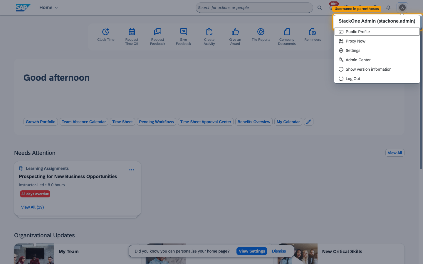 The SAP SuccessFactors account menu with the name and username in parentheses highlighted