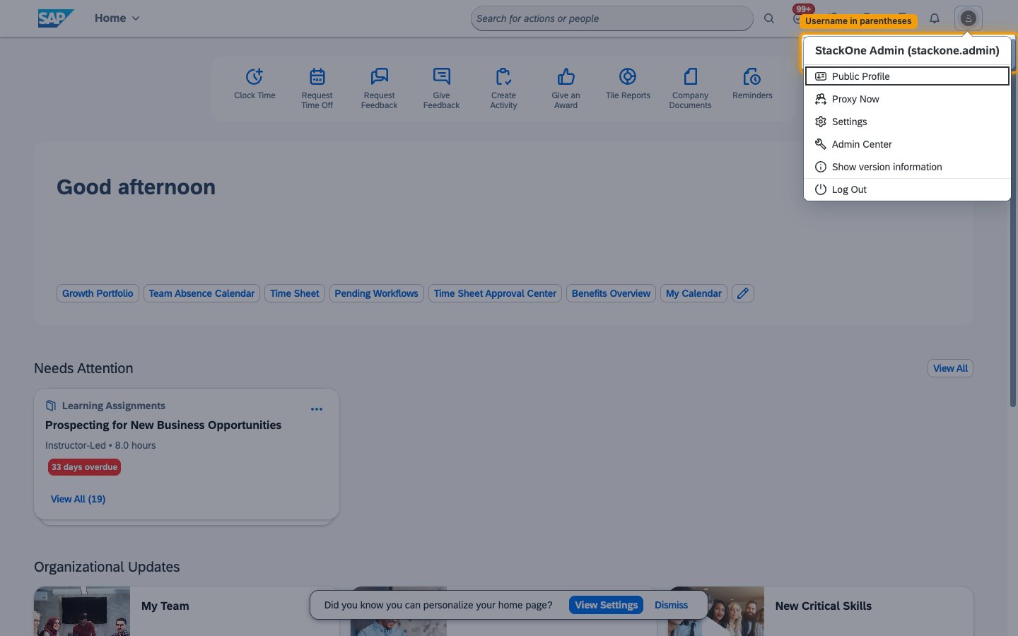 The SAP SuccessFactors account menu with the name and username in parentheses highlighted