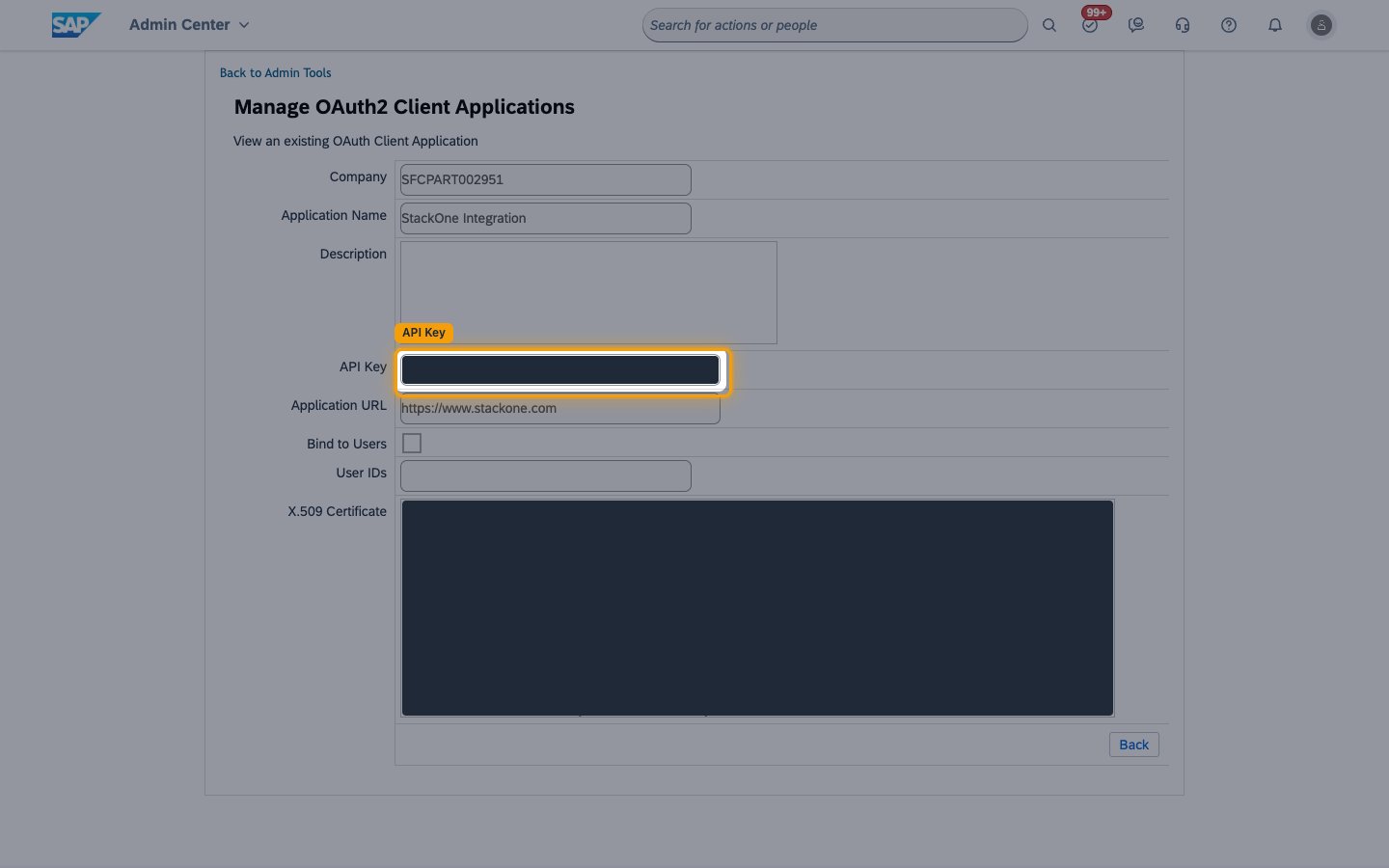 The View OAuth Client Application screen with the API Key field highlighted and its value masked