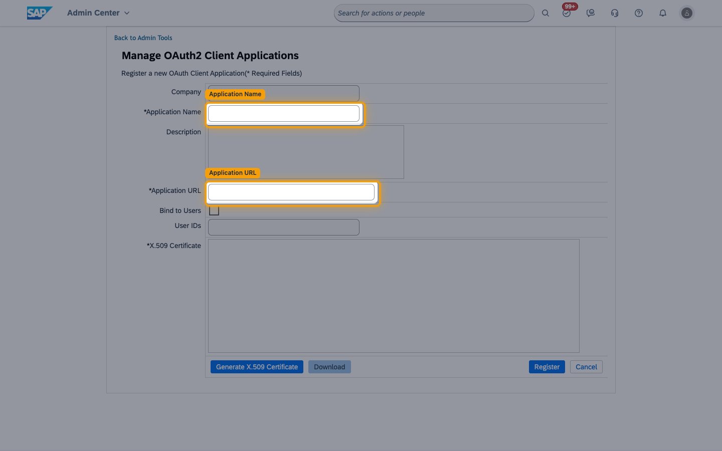 The registration form with the Application Name and Application URL fields highlighted