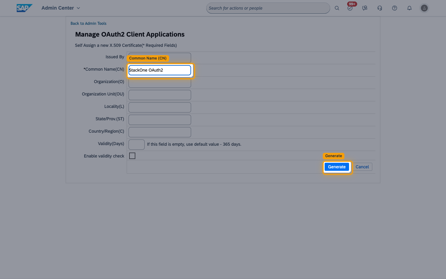 The Self Assign a new X.509 Certificate form with the Common Name field and Generate button highlighted