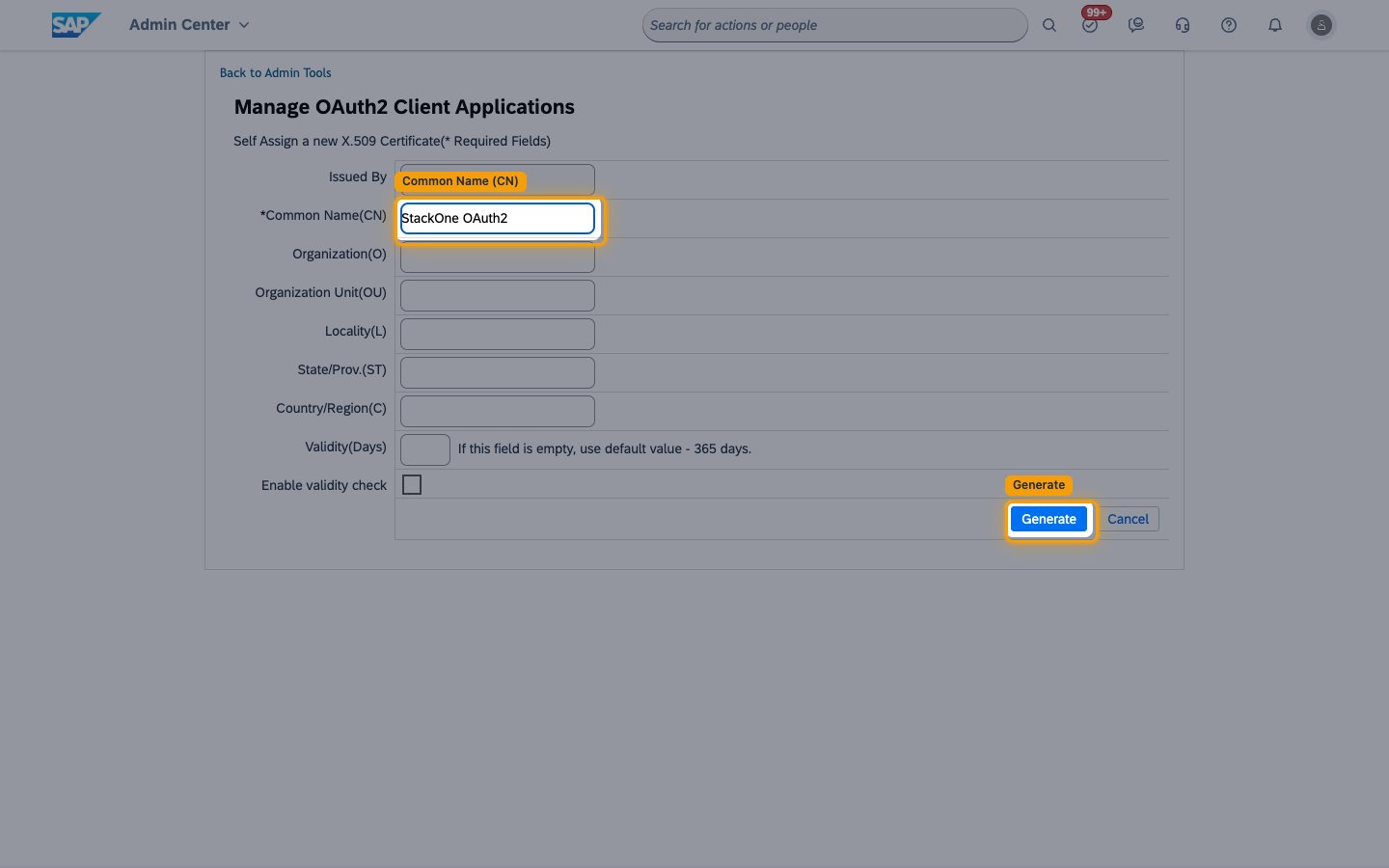 The Self Assign a new X.509 Certificate form with the Common Name field and Generate button highlighted